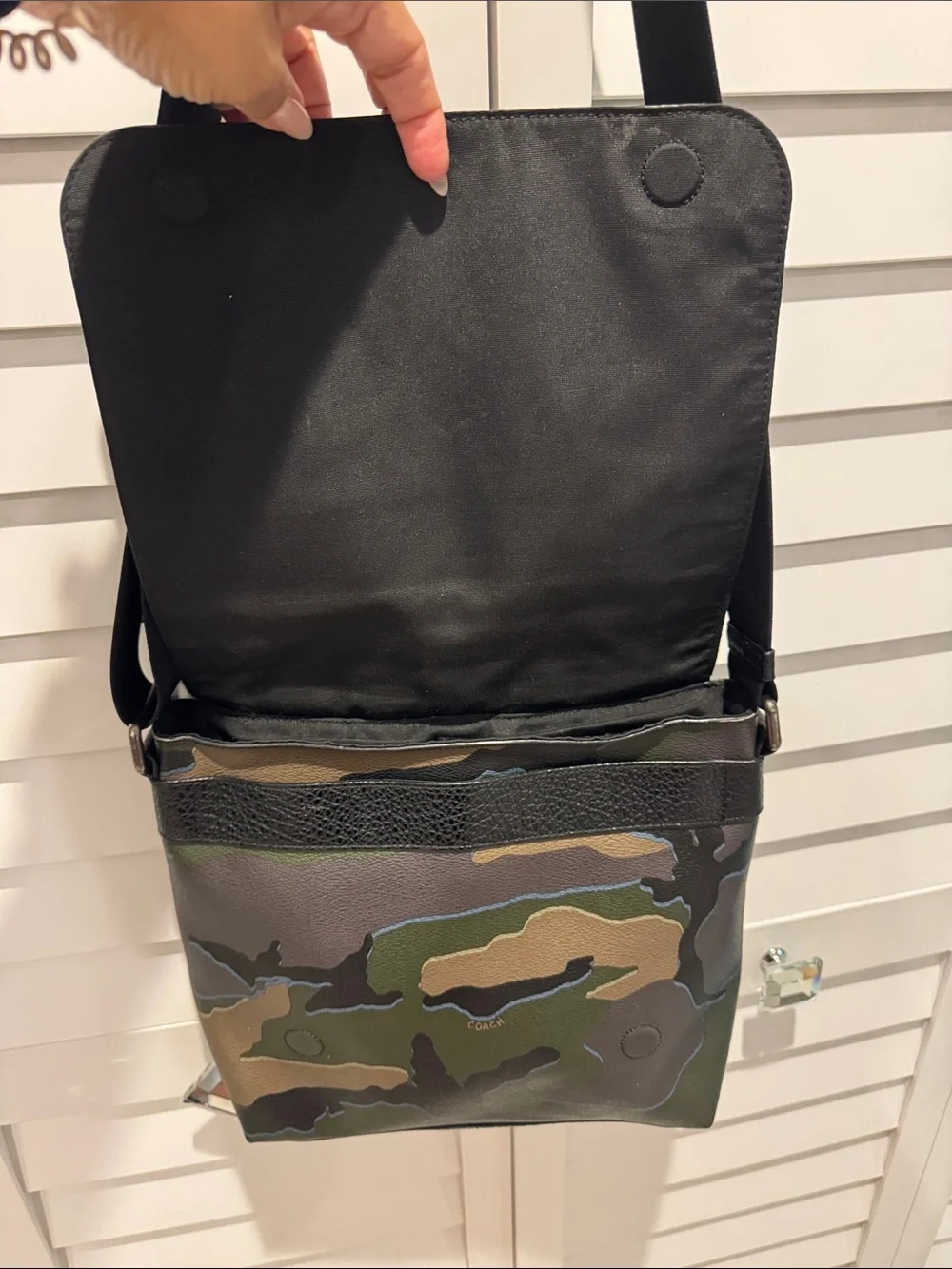 Coach Black Pebbled Leather Messenger Bag with Green Camo Panel